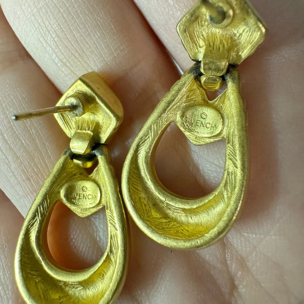 Vintage GIVENCHY Matte Gold Tone Door Knocker Style Pierced Earrings